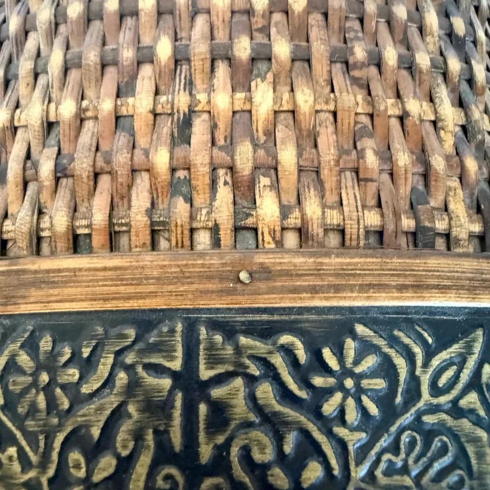Vintage Woven Wooden Chest with Metal Accents trinket‎ box rustic 8x7x7”
